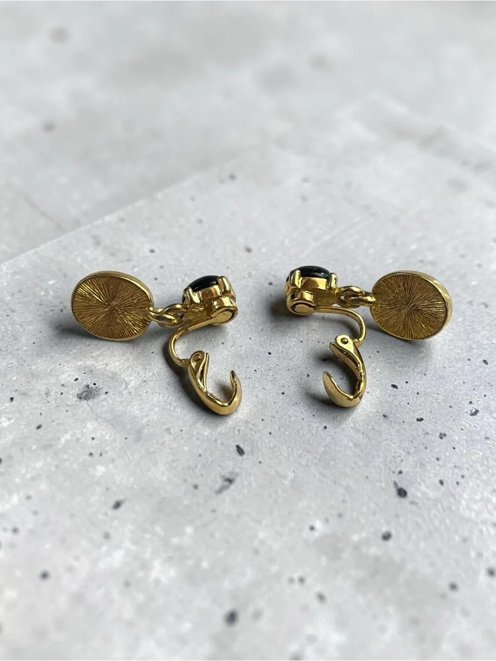Black Cabochon Gold Tone Double Drop Clip-On Earrings